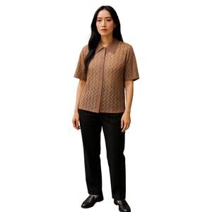 Vintage Style Sheer Metallic Bronze Lace Button-Up Shirt – Size XXXL
